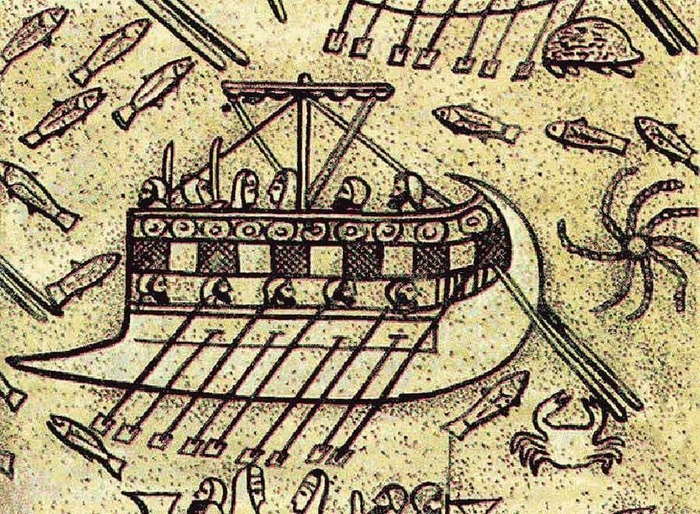 Античное изображение финикийской биремы, судна, которое использовали киликийские пираты.