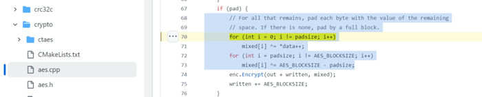 <a href="https://pikabu.ru/story/bitflipping_attack_na_walletdat_riski_ispolzovaniya_aes256cbc_grozit_utechkoy_zakryityikh_klyuchey_bitcoin_core_chast_1_13153470?u=https%3A%2F%2Fgithub.com%2Fkeyhunters%2Fbitcoin%2Fblob%2Fmaster%2Fsrc%2Fcrypto%2Faes.cpp%23L70&t=https%3A%2F%2Fgithub.com%2Fkeyhunters%2Fbitcoin%2Fblob%2Fmaster%2Fsrc%2Fcrypto%2Faes.cpp%23L70&h=b26a8c97c87debc3e49224277b890e339f46e77d" title="https://github.com/keyhunters/bitcoin/blob/master/src/crypto/aes.cpp#L70" target="_blank" rel="nofollow noopener">https://github.com/keyhunters/bitcoin/blob/master/src/crypto/aes.cpp#L70</a>