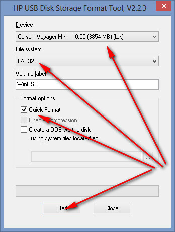 Флешку форматировать при помощи программы "HP USB Disk Storage Format Tool".