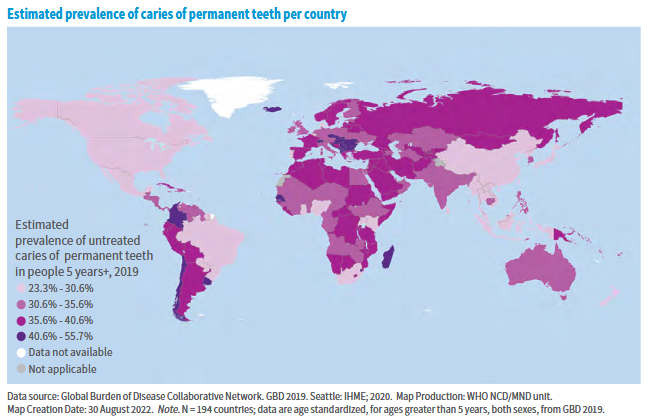 Оценочная распространенность кариеса постоянных зубов по странам