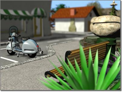 Depth of field emphasizes the scooter.