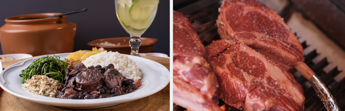 Слева: традиционная бразильская фейжоада, справа: типичное чурраско