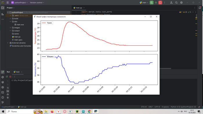 Так же, можно посмотреть живой график изменения температуры, т.е. измерение температуры в реальном времени. Подышал, на датчик, что бы имитировать резкие перепады.