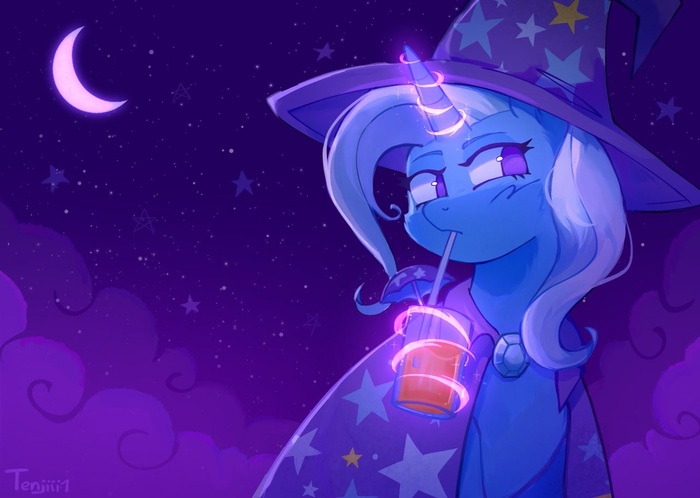 Трикси пить довольный сидеть под луна и звезды, рог светить красивый, шляпа на голова как надо. Я люблю этот пони, она делать магия даже когда пить, не нужен копыта просто аура держать стакан, это настоящий волшебний! - Художник молодец сделал 😍👍