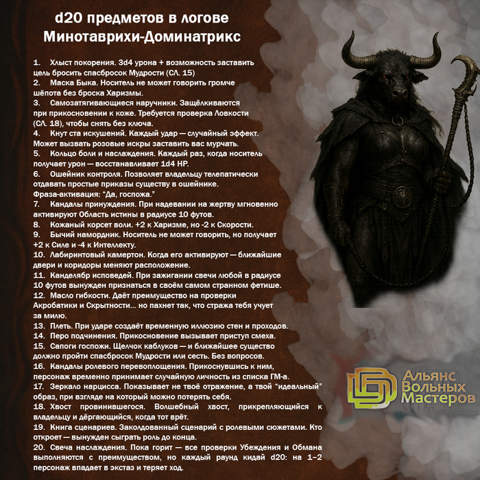 D20 предметов в логове Минотаврихи-Доминатрикс