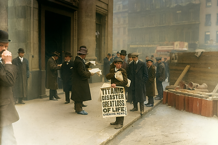 Нед Парфетт продает газеты с сенсационной новостью о крушении «Титаника», 1912