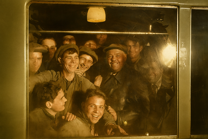 Первые пассажиры метро – метростроевцы. 1935 год. Автор: Иван Шагин.