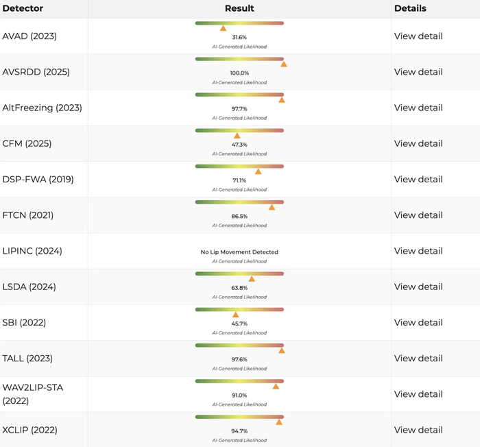 Скриншот результатов анализа видео
