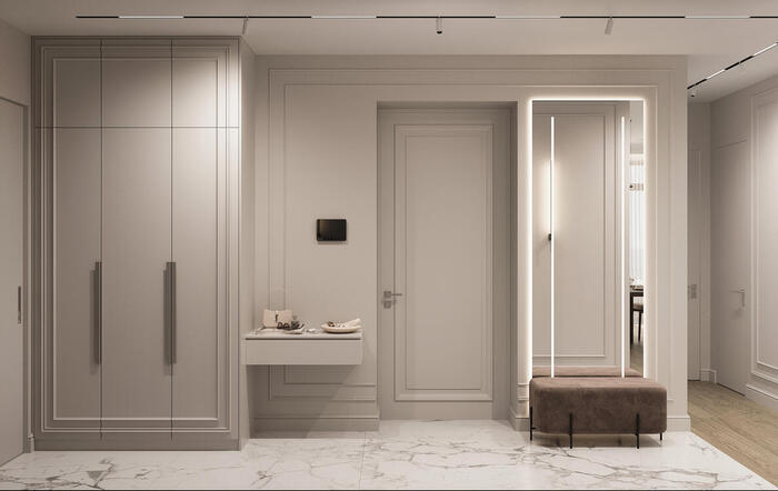 Дизайн интерьера квартиры в ЖК «Огни», прихожая с системами хранения от студии Artum.