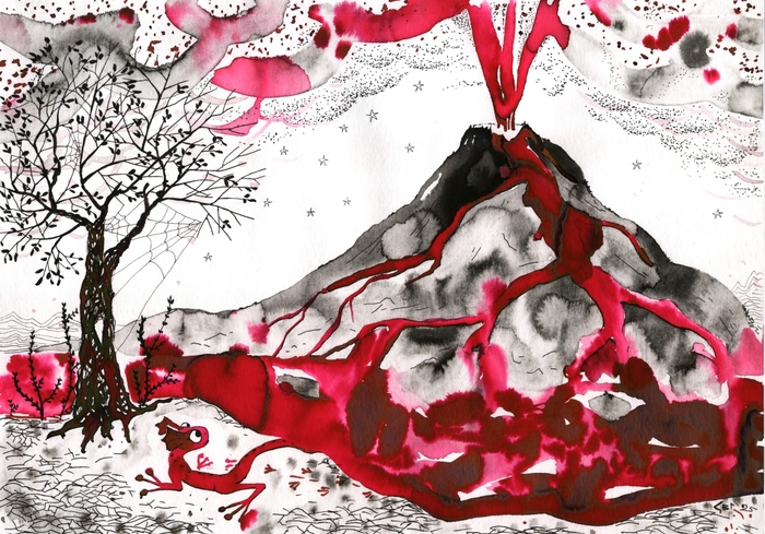 Чернила распадающиеся с блеском, тушь, линер, бумага. А4.