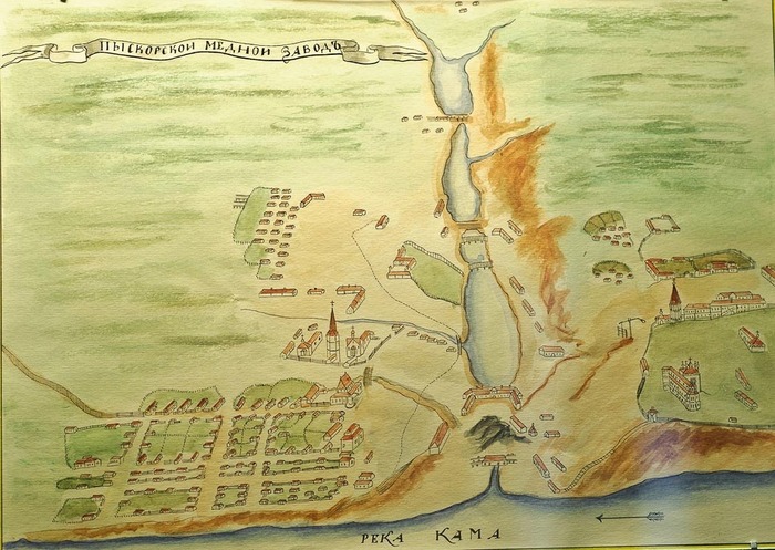 Рисунок из рукописи Вильгельма Ивановича Геннина (1665 —1750) «Описание сибирских и уральских заводов», 1735 год