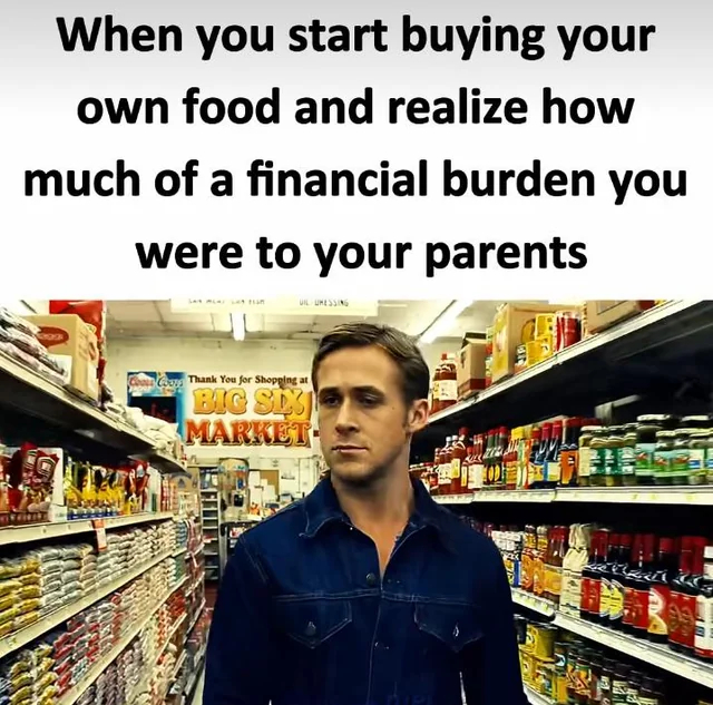 Когда начинаешь покупать себе еду и вдруг осознаёшь,каким финансовым бременем ты был для своих родителей.