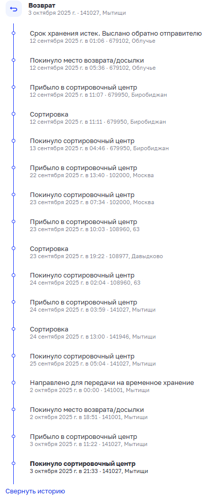 При этом посылка колесила вокруг, так и не добравшись до моего ПВЗ. Был там 2жды, а посылки как нет так и не было.