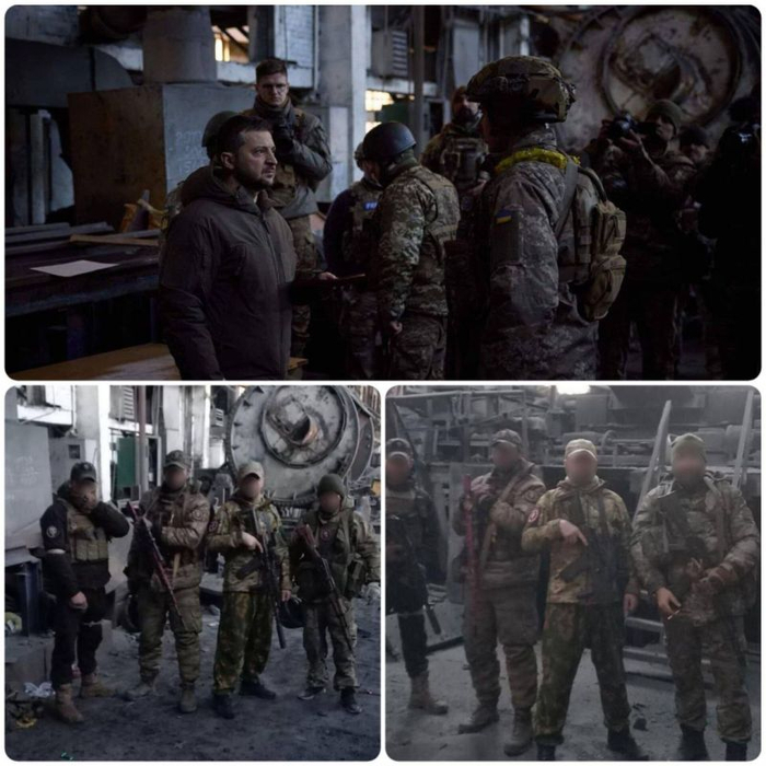 Бахмут. Сверху - Зеленский с ВСУшниками в декабре 2022, снизу - бойцы "Вагнера" в марте 2023