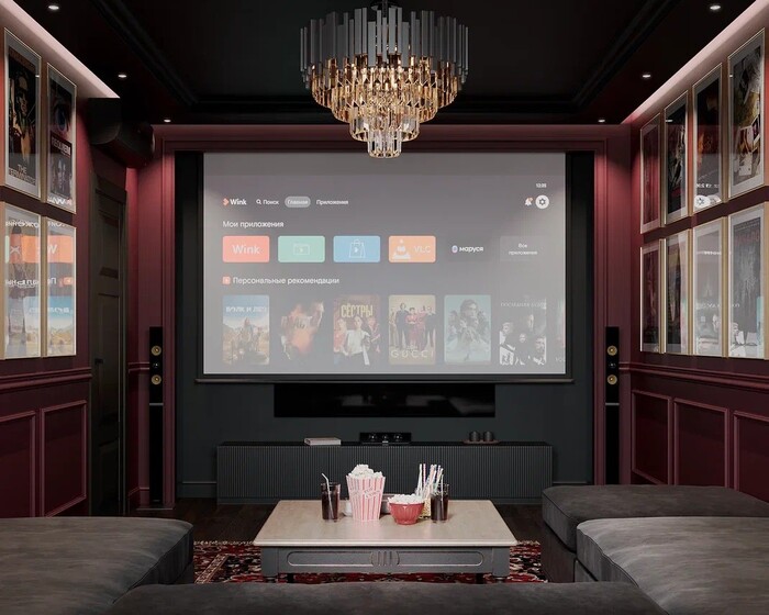  Дизайн интерьера квартиры в ЖК «БФА в Озерках», гостиная с проектором и экраном от студии Artum.