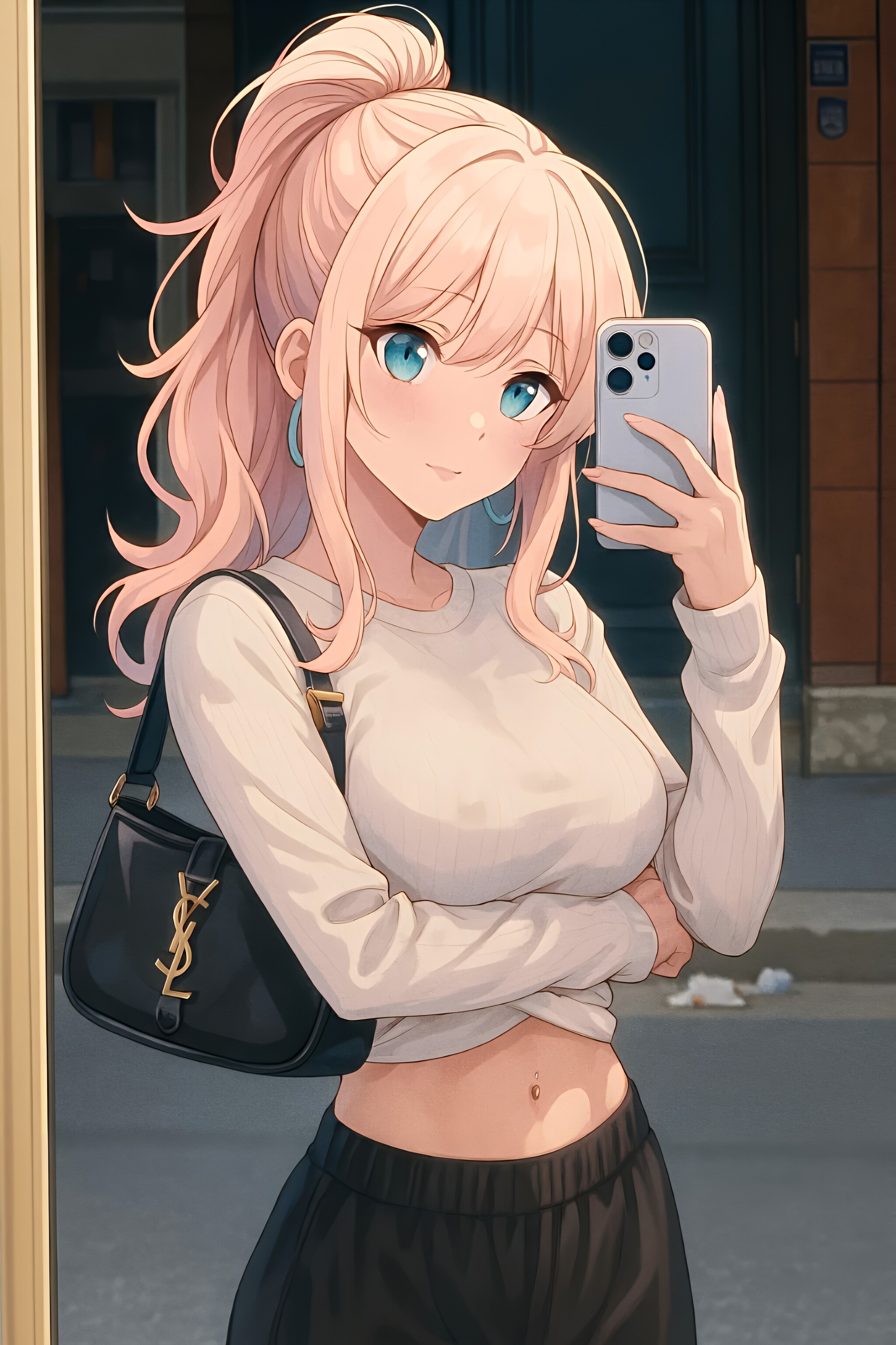 Городское настроение - Серия Айна Морэ, Моё, Контент нейросетей, Девушки, Аниме, Арты нейросетей, Anime Art, Original Character, Сиськи, Арт, Блондинка, Пупок, Louis Vuitton
