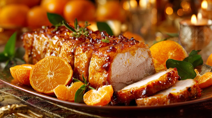 Запечённая свиная корейка в мандариновом соусе