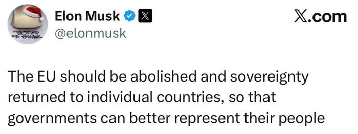 "ЕС нужно устранить, а суверенитет вернуть отдельным странам, чтобы правительства могли лучше представлять свой народ", — написал бизнесмен в соцсети X.