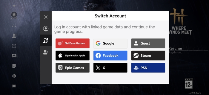 Меню и способы авторизации на мобильной версии Where Winds Meet