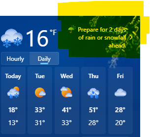 Tут уже 18, но Фаренгейтом; выделено желтым: приготовьтесь к двум дням дождя.(или снега)