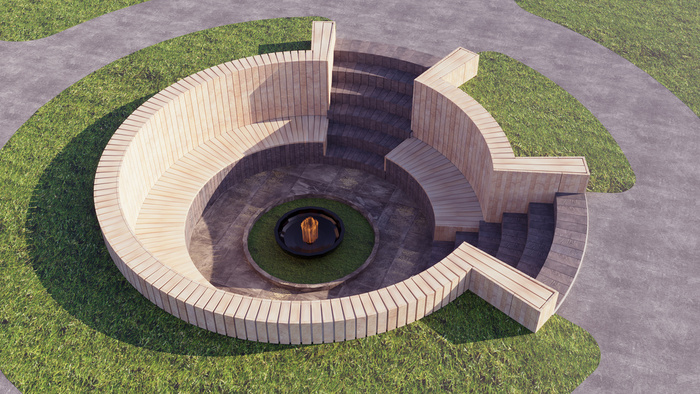 Светлое дерево для сидения, темное для ступенек, керамогранит по бетонному основанию.