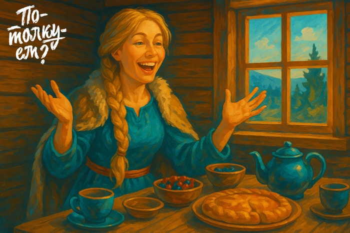 Девушка в сарафане сидит у накрытого стола на деревенской кухне и улыбается