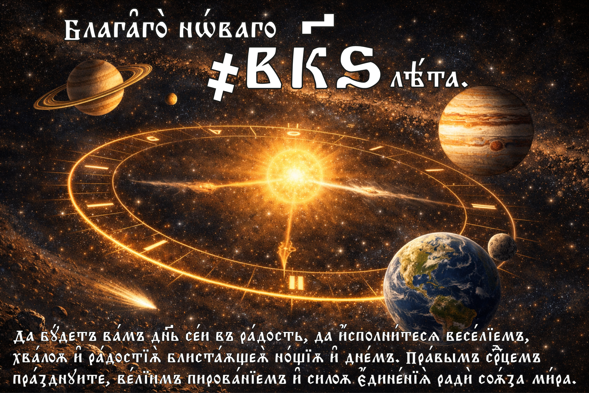 Happy New Year 2016! - Series The Art of Church Slavonic Writing and Language, My, Church Slavonic language, Space, Time, Planet, The calendar, Chatgpt, New Year, 2026, Jan wize studio, Congratulation, Linguistics, Holidays, Language practice