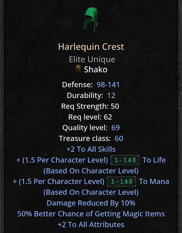 Harlequin Crest, в народе шако. Кстати, shako – это название класса вещей, элитный вариант шапки (cap)