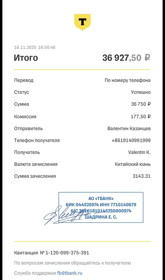 Чек об операции с приложения Т-Банк со статусом «Успешно»