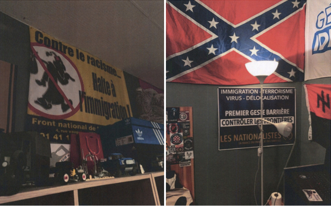 В комнате Гвендаля Кена-Пурадо, по словам следователей, стены также были увешаны «флагом 2-й танковой дивизии СС "Дас Райх"», французским флагом с кельтским крестом, флагом «Идентитарного поколения» и флагом конфедератов.