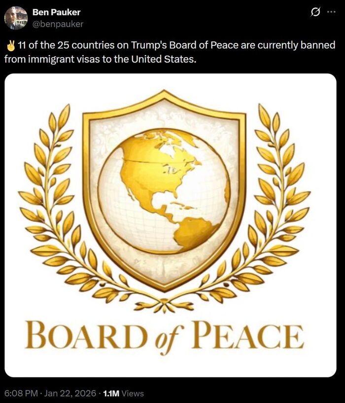 Как подмечают в Твиттере: 11 из 25 стран, уже вошедших в Совет Мира, в настоящий момент находятся в списке «забаненных» на получение иммигрантских виз в США