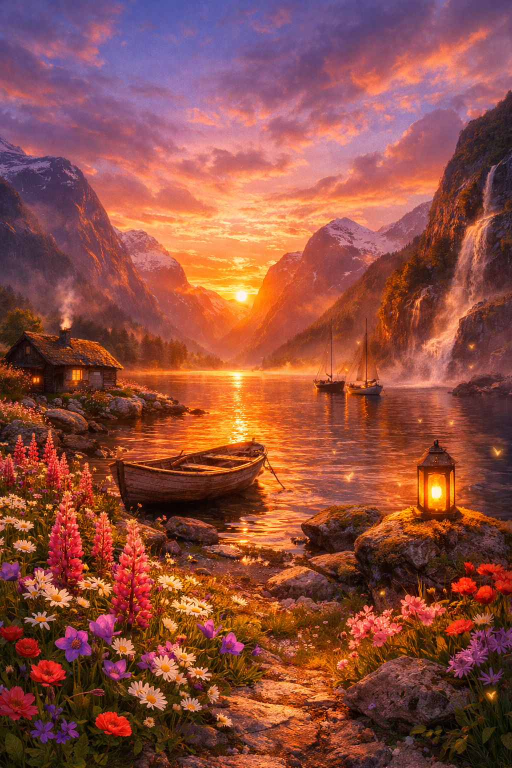 Sunset - Neural Network Content, Art, Drawing, Neural network art, Sunset, The mountains, Lake, House, A boat