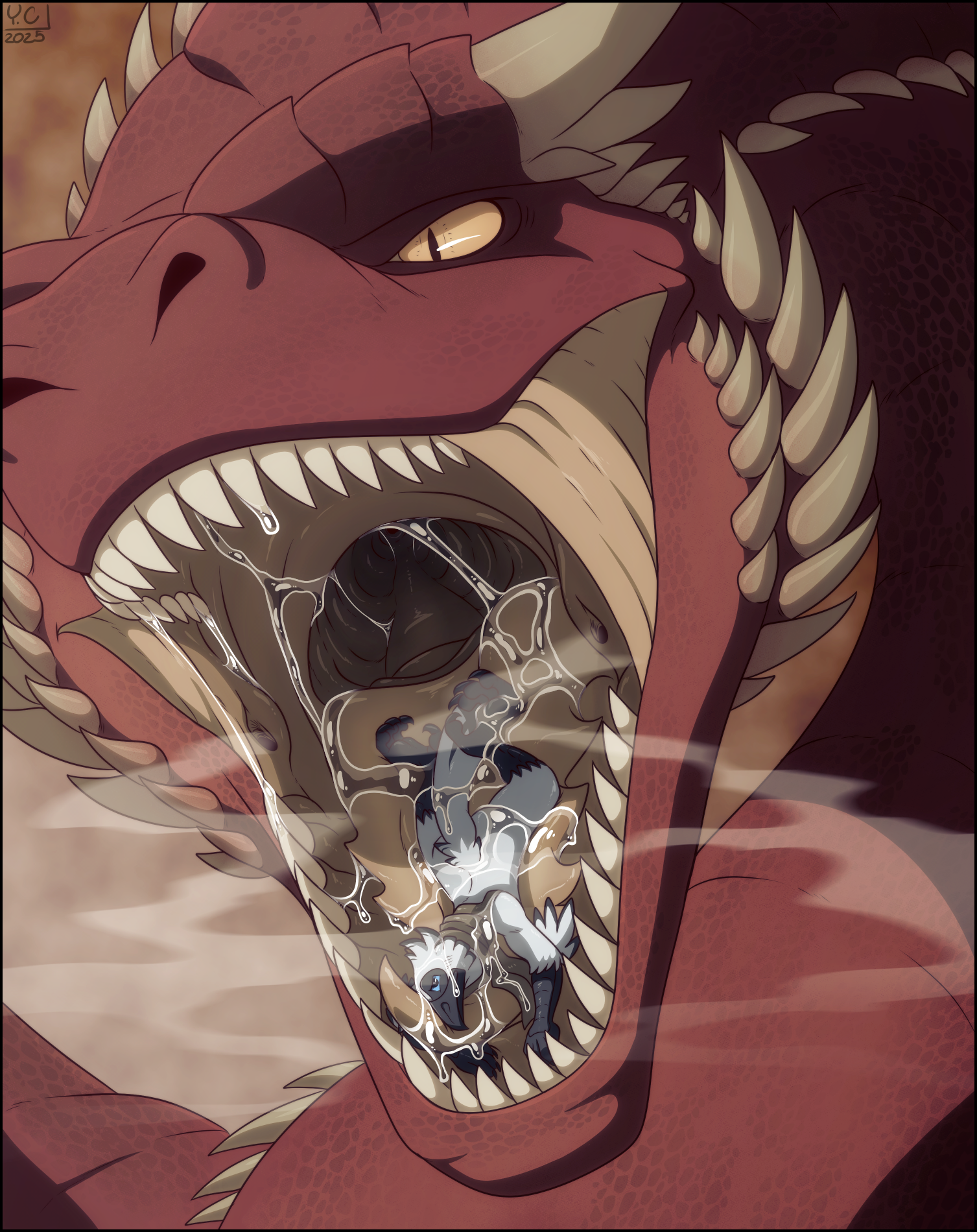 Prisoner of Caraxes - Art, Wyvern, Furry Bird, Furry, Vore, Mawshot, To fall, Language, Drooling, Dragon's mouth, Digital drawing, The Dragon, House of the Dragon