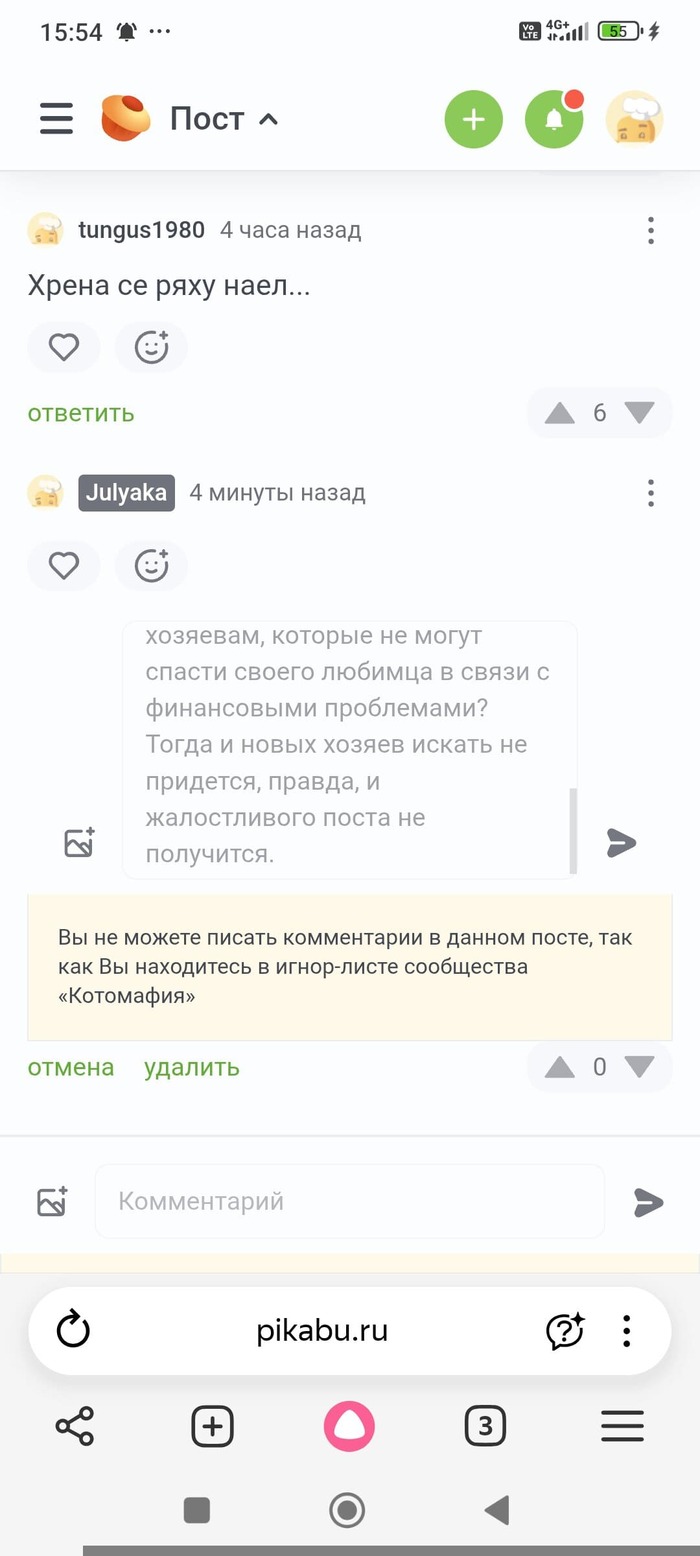 Как быстро реагируют товарищи, собирающие донаты на помощь кошечкам, на неугодные комментарии