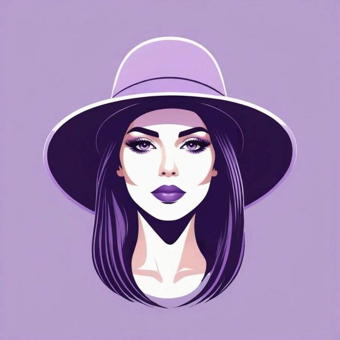 Minimalist vector artwork featuring a female portrait, vector style, lavender-toned hat