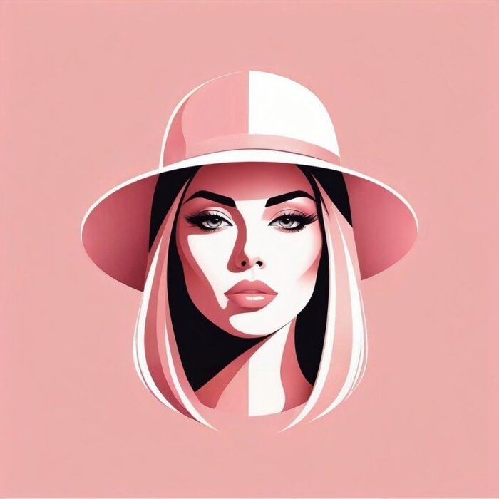 Minimal vector portrait of a girl, vector style, hat soft pink blush