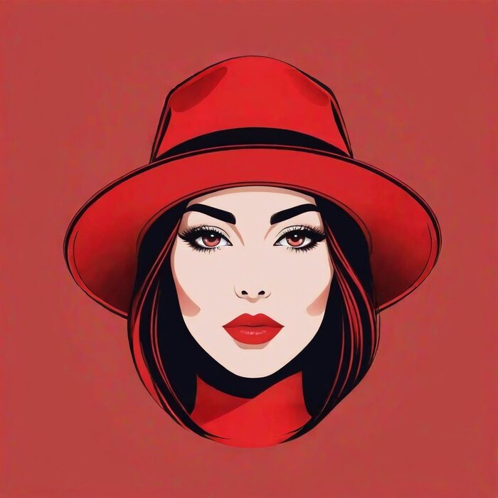 A girl in a vector portrait, minimalistic style, vector illustration, a hat of rich purple color