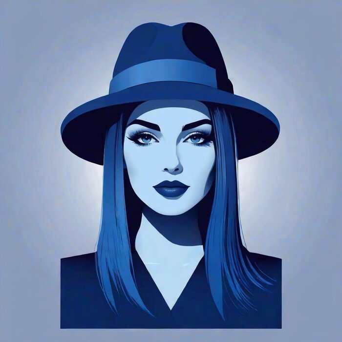A girl in a vector portrait, minimalistic style, vector graphics, a headdress in a rich blue shade