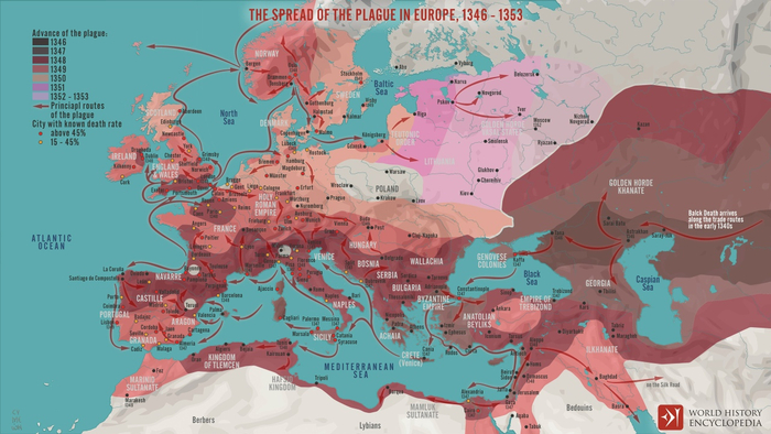 Распространение Черной смерти (чумы) 1346-1353 годов, на карте Европы