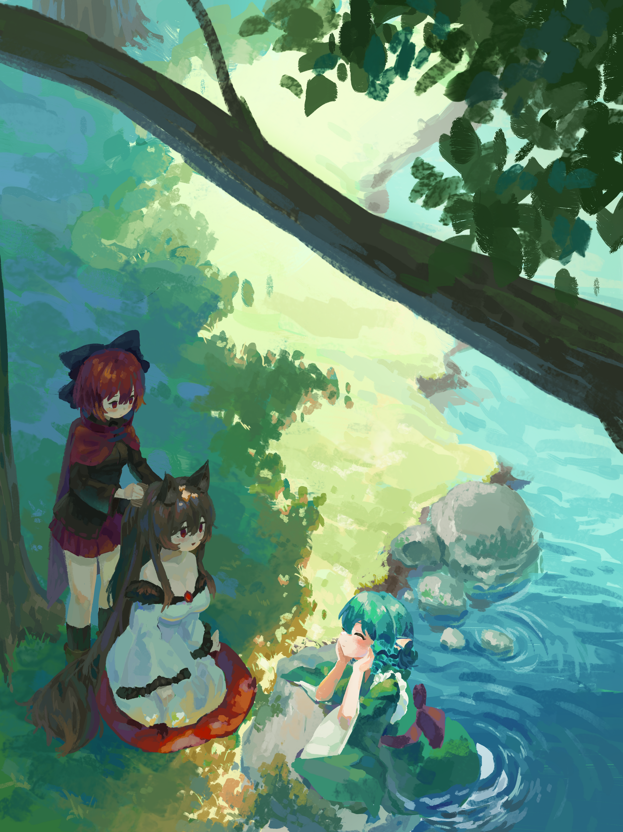 На берегу - Touhou, Wakasagihime, Sekibanki, Imaizumi Kagerou, Anime Art, Game Art, Аниме, Игры