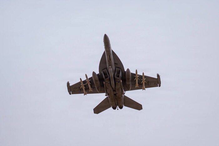 ������ �������� ������������� EA-18G Growler, ����������� � �������� � �������� ��� ��������� ������ �� �����, �������� 4 ����������������������� ������ AGM-88E AARGM, 2 ������ �������-������� AIM-120 � ��� ���