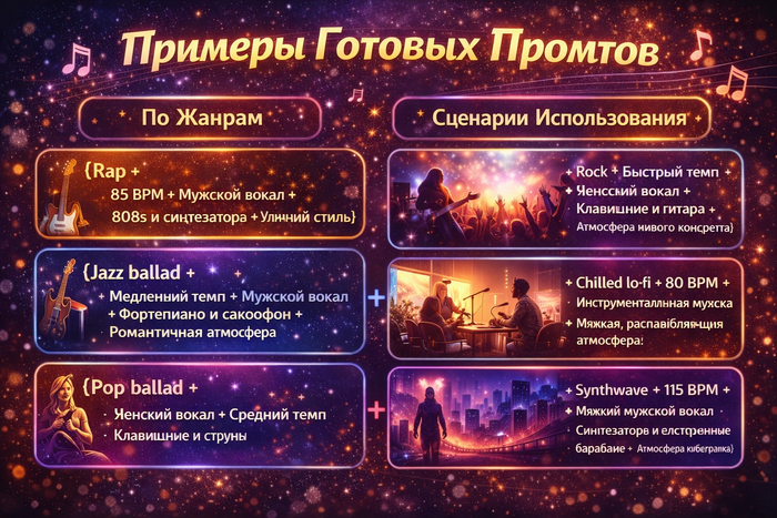 Промты для суно и промты стилей для суно для разных задач.