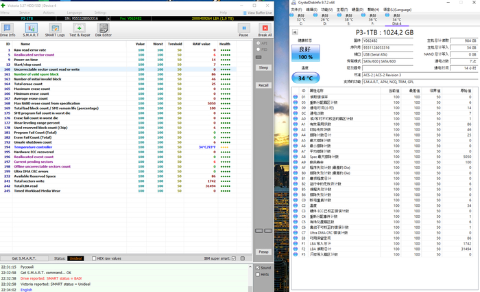 ��������� ���� � ���������� Victoria (SMART status = BAD) � CrystalDiskInfo (Smart status = 100% good)