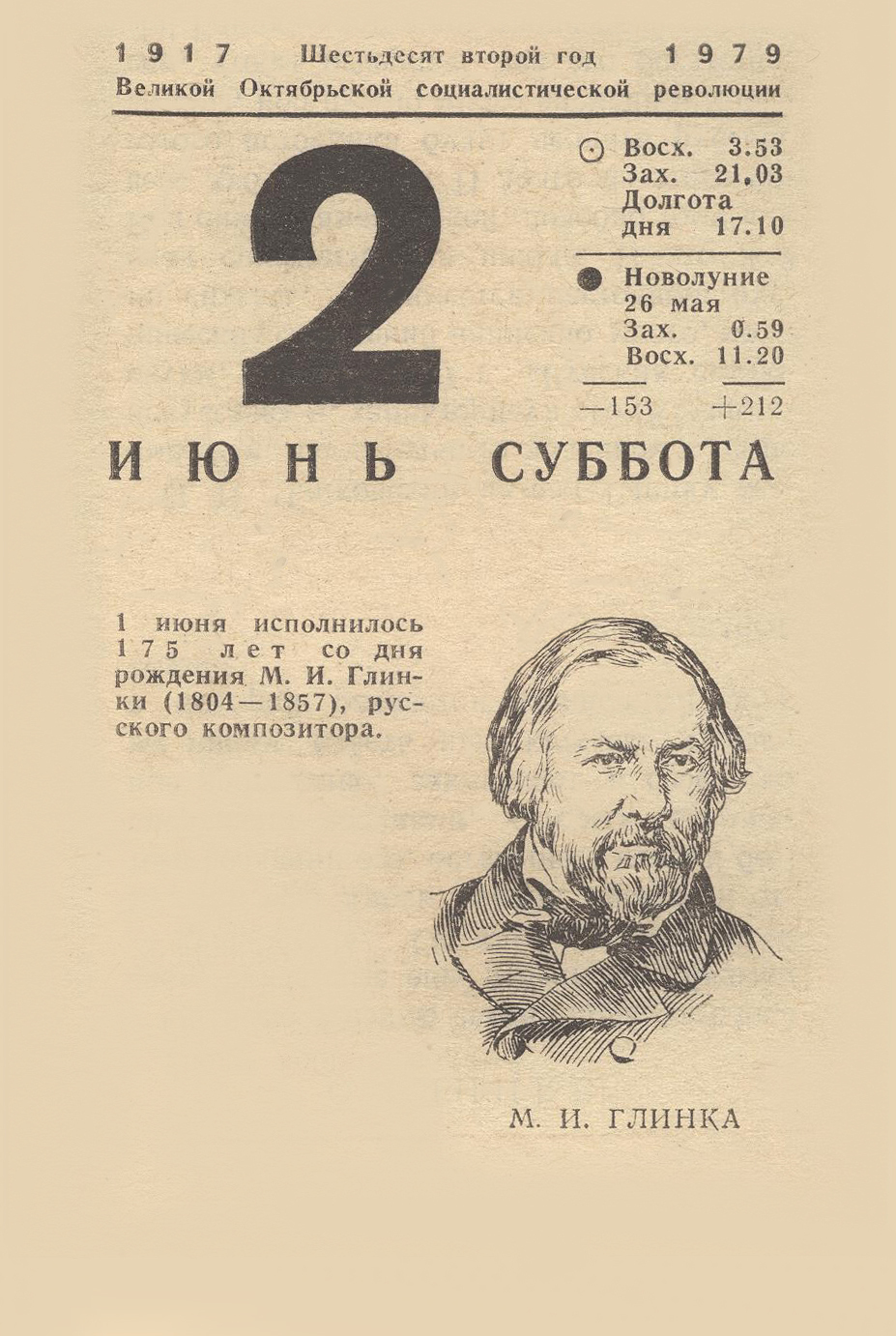 2 июня 1979 - Серия В этот день 46 лет назад, Отрывной календарь, Июнь, 1979, СССР, Композитор, Музыка, Глинка
