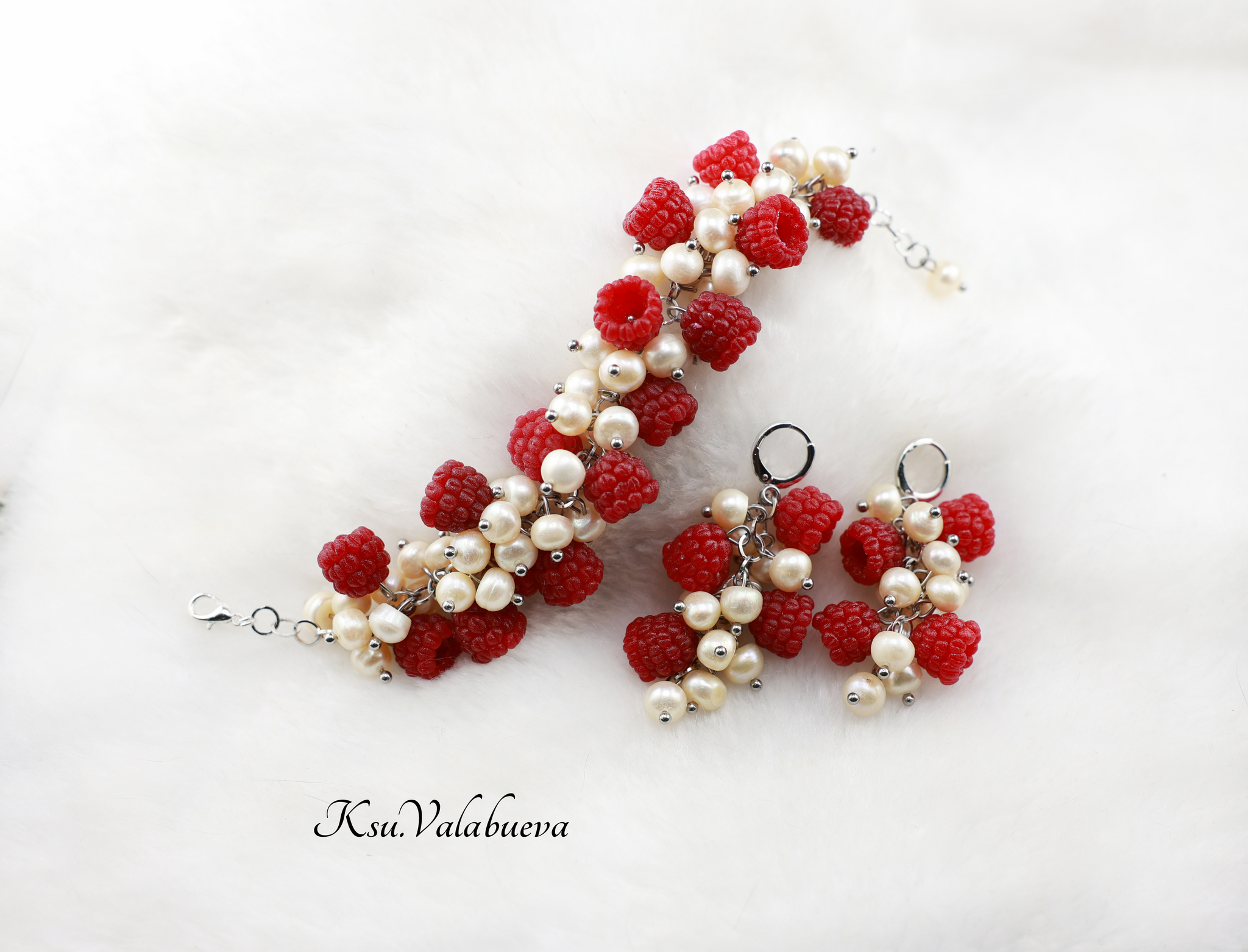 Set Raspberries with Pearls - My, Polymer clay, Needlework without process, Bijouterie, Handmade, Needlework, Pearl, Raspberries, A bracelet, Earrings