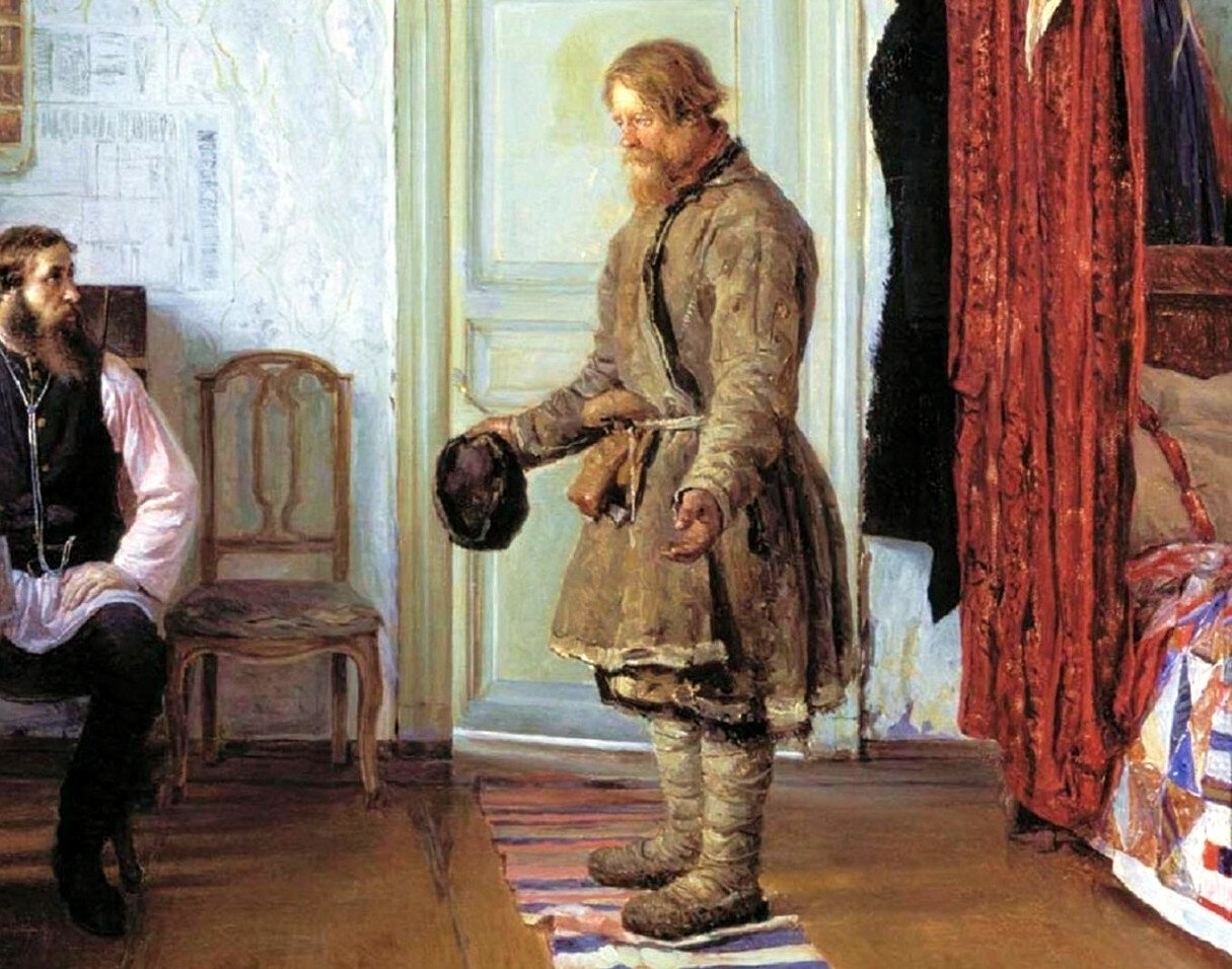 Ivan Petrovich Bogdanov (1855–1932). Paying the Price. 1890. Oil on canvas. 51 x 64 cm. State Tretyakov Gallery, Moscow - Barin, Master, Peasants, Workers, Art gallery, Painting, Bogdanov, Tretyakov Gallery, Longpost