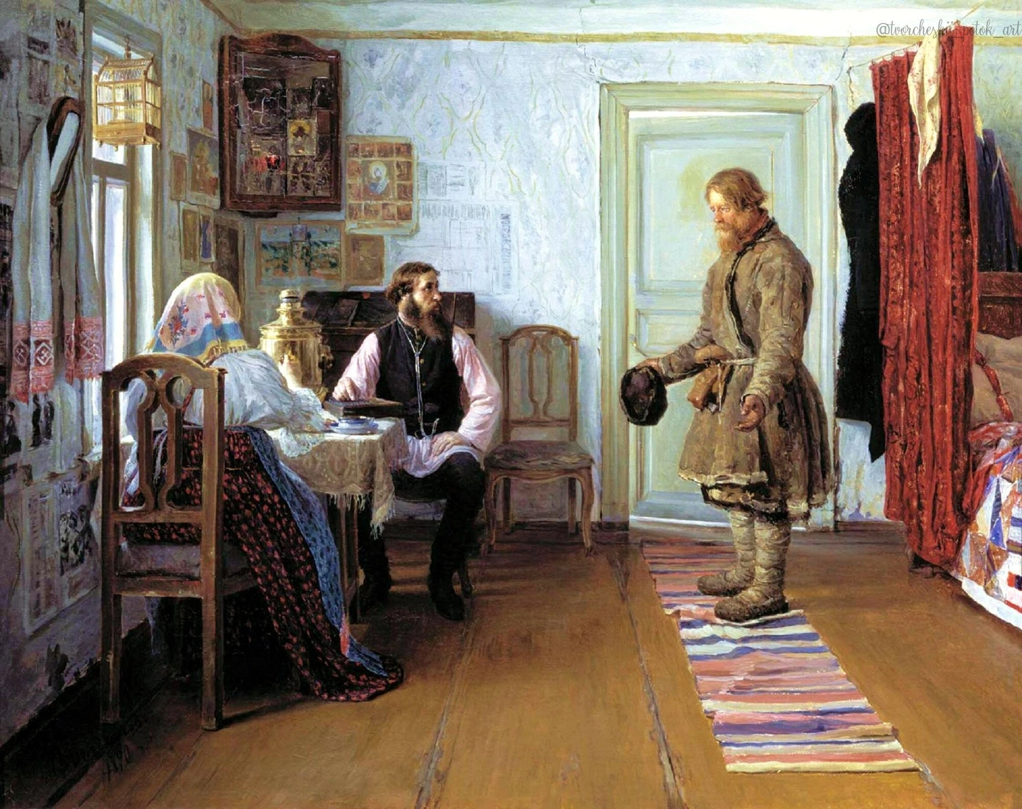 Ivan Petrovich Bogdanov (1855–1932). Paying the Price. 1890. Oil on canvas. 51 x 64 cm. State Tretyakov Gallery, Moscow - Barin, Master, Peasants, Workers, Art gallery, Painting, Bogdanov, Tretyakov Gallery, Longpost
