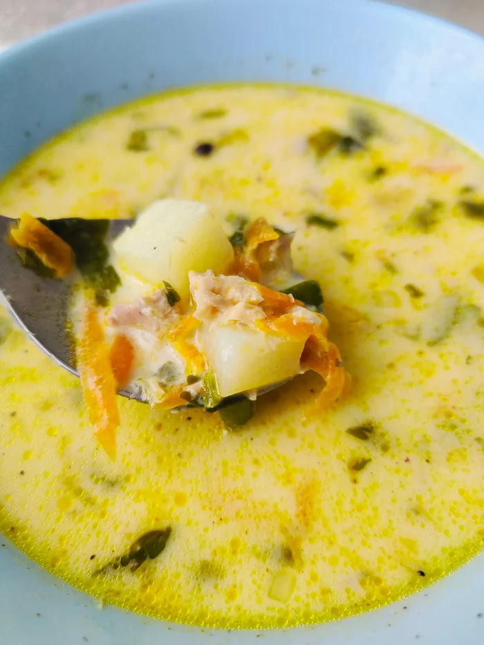 Creamy, quick soup made with canned pink salmon. When you're short on time. - Series Male Homemade
, My, Recipe, Men's cooking, Dinner, Soup, Food, Pink salmon, A fish, Canned food, Family, Cooking for the lazy, Vegetables, Kitchen, Cooking, Flavors, Preparation, The photo, Mobile photography, Tableware, Longpost