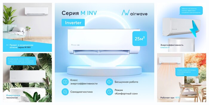 Кондиционер инверторный (сплит-система) Airwave AWM09HF-I до 25 кв. м, охлаждение/нагрев(до-7°C), самодиагностика, белый