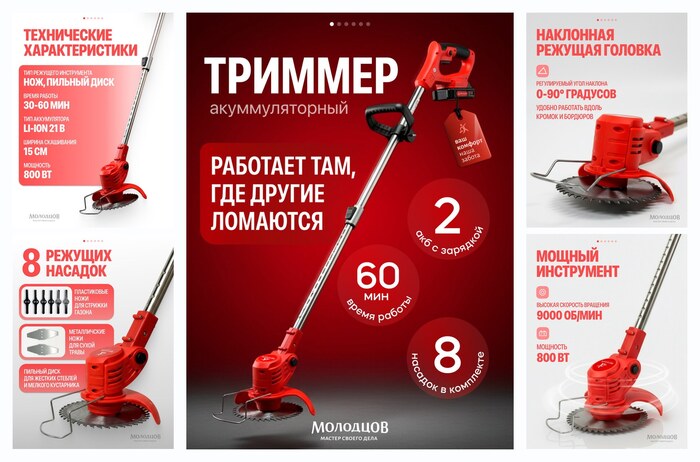 Триммер садовый аккумуляторный (800 Вт, 8 насадок), Молодцов